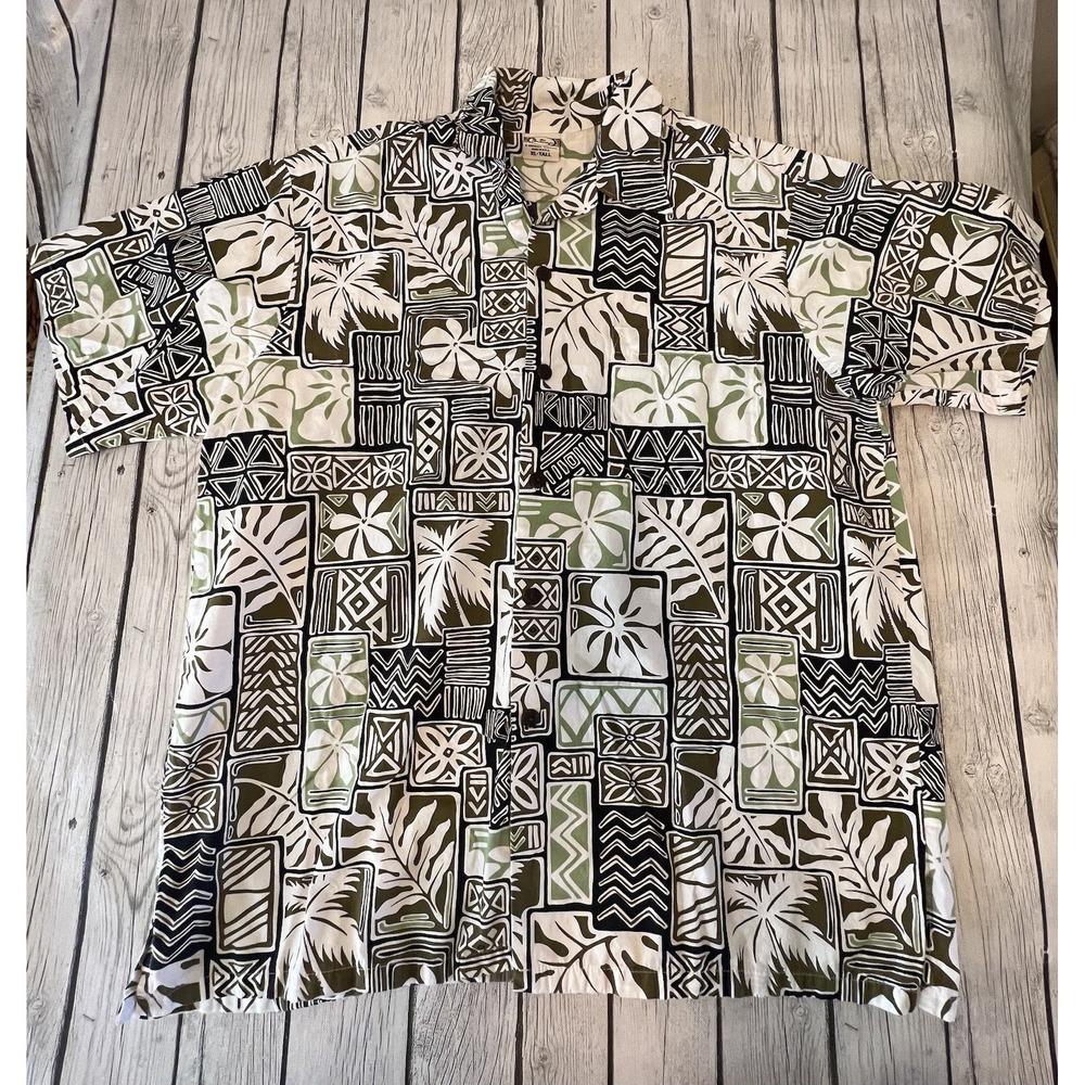 Go Barefoot Hawaiian Tradition Full Button Up Shirt XL Tall White Green  Floral